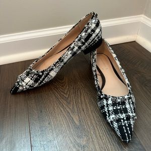 Zara Tweed Embellished Jeweled Pointy Toe Flats Black & White (Size 38/7.5-8)